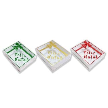 Imagem de Caixa para Presentes e Doces Feliz Natal, de Papel Duplex e Tampa Visor Acetato, 10 unid, 15 x 11 x 4 cm, Embala Cristal (Dourado)