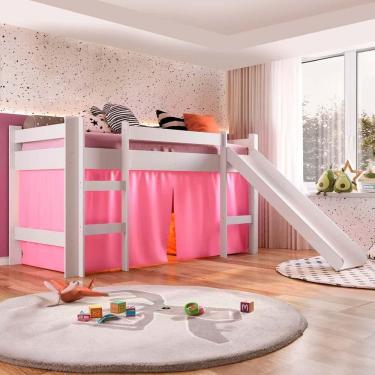 Imagem de Cama Elevada Infantil Solteiro Com Escorregador Branco E Cortina Rosa 93 x 202 cm Zimo Shop