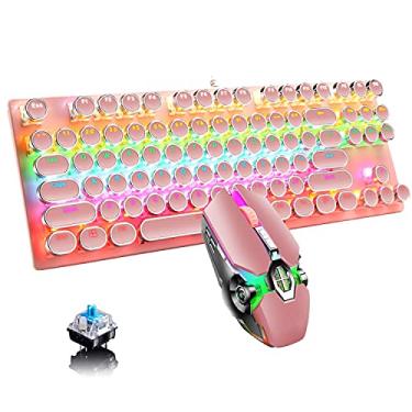 Imagem de Ltvystore Combo mecânico de teclado e mouse para jogos, estilo de máquina de escrever retrô punk de 87 teclas, teclado retroiluminado com arco-íris RGB azul, luz de respiração fresca, leve, jogo e