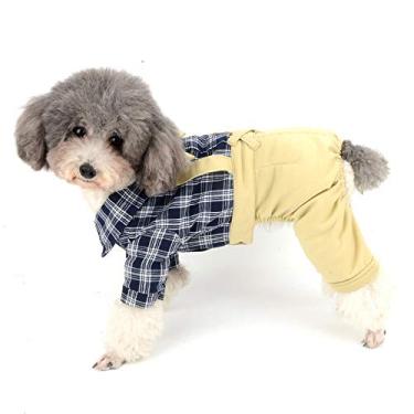 Imagem de Ranphy Roupas de algodão para filhotes com gravata borboleta xadrez camiseta cachorrinho macacão calça bonito verão animal de estimação macacão roupas uniforme de cachorro fantasia