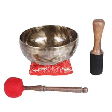 Imagem de ESK GROUP Conjunto de tigela de canto tibetana ESK de 18 cm, meditação, decoração zen, cura espiritual e corporal e limpeza de energia, feito à mão, vem com almofadas de seda, bastões e bandeira