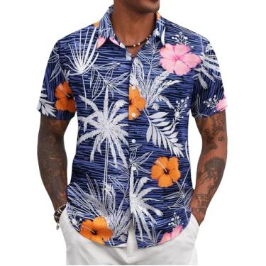 Imagem de COOFANDY Camisa masculina havaiana floral tropical abotoada verão praia, Flores de hibisco azul, GG