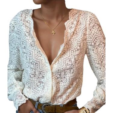Imagem de Blusas femininas elegantes de renda para mulheres, camisas casuais com decote em V e botões para mulheres, Marfim, M