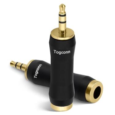 Imagem de Togconn Adaptador de 1/8 polegada para 1/10.2 cm, pacote com 2, conector conversor de áudio de cobre puro de 3,5 mm TRS macho para plugue fêmea de 6,35 mm, conector conversor de áudio de cobre puro