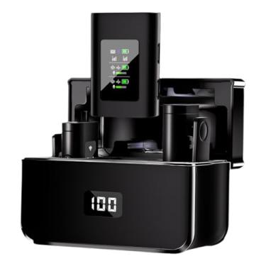 Imagem de Microfone de lapela profissional sem fio para câmera/PC/Android compatível com iPhone, estojo de transporte, cancelamento de ruído, armazenamento de 4 GB, gravação de 9 horas, máx