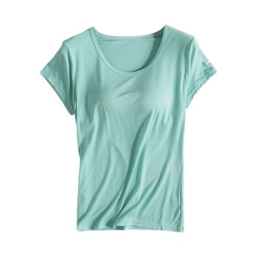 Imagem de Camisetas femininas de algodão, sutiã embutido, ioga, academia, treino, alças acolchoadas com sutiã de prateleira, Verde menta, 3G