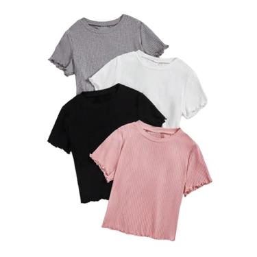 Imagem de SOLY HUX Camiseta feminina plus size de malha canelada para o verão, manga curta, justa, básica, conjunto de 4 peças, rosa, preto, branco, cinza, 1XL
