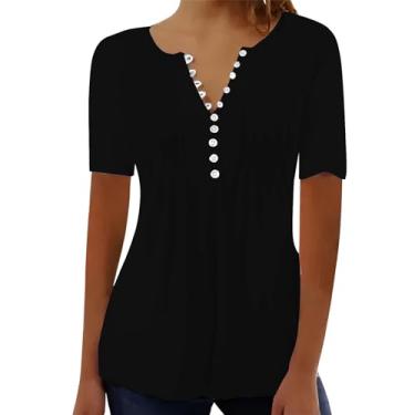 Imagem de Camiseta feminina de verão, gola V, botões, blusas, cor lisa, plissada, caimento solto, manga curta, túnica, Preto, 3G