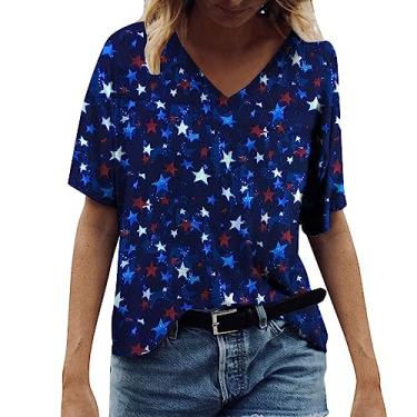Imagem de Camiseta feminina com estampa da bandeira dos EUA, listrada, gola V, manga curta, camiseta túnica, camiseta de verão, Azul marino, G