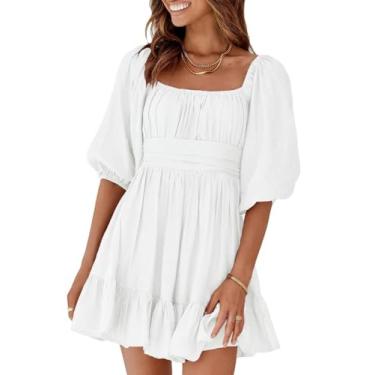 Imagem de Vestido feminino de verão frente única decote quadrado amarrado nas costas manga lanterna vestido minivestido casual evasê, Branco, G