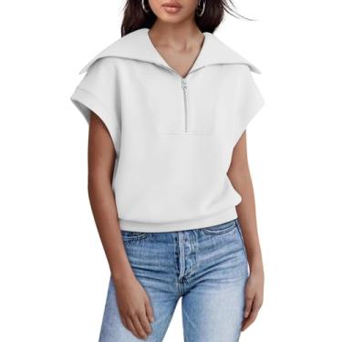 Imagem de Zwurew Blusas femininas de manga curta com zíper moletom roupas de verão 2024 moda, Branco, M