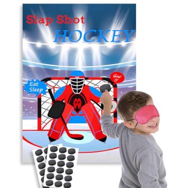 Imagem de Badeauwald Jogos de hóquei, Pin the Puck on Net Games. Lembranças de festa de hóquei, pôster de tamanho grande 70 x 50 cm. Suprimentos de festa de aniversário de hóquei, adesivos elásticos de vendas,