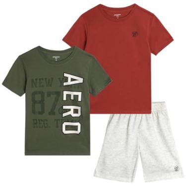 Imagem de AEROPOSTALE Conjunto de shorts para meninos - camiseta de manga curta de 3 peças e shorts de moletom de lã - Roupa de verão para meninos (4-12), Borgonha/oliva/aveia, 10