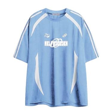 Imagem de Aelfric Eden Camiseta grande masculina dos anos 90, unissex, moda urbana, cores contrastantes, estampadas, casuais, vintage, tops de verão, Azul bebê, PP