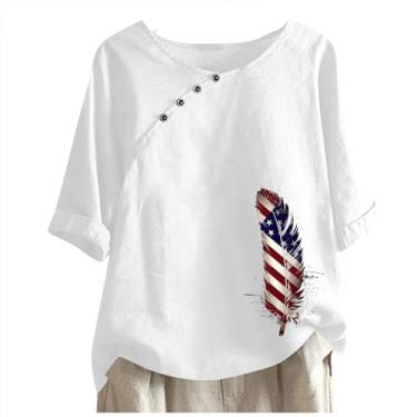 Imagem de Camiseta feminina com bandeira americana de linho, vermelha, branca e azul, estampa pluma de verão, manga curta, gola redonda, blusa de botão, Branco, G