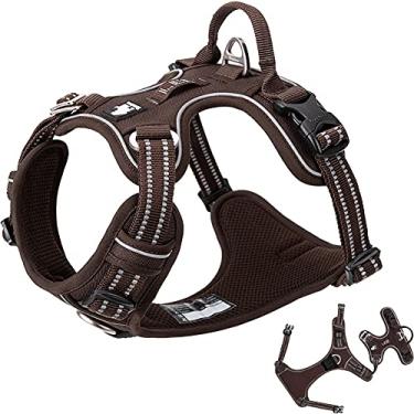 Imagem de Peitoral refletivo antipuxão para cães com alça de clipe frontal acolchoado para cães de médio e grande porte 3 fivelas fácil de colocar e tirar marrom, M