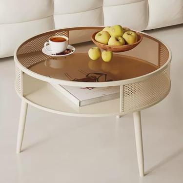 Imagem de Mesa de centro de vidro, mesa lateral redonda com cesta de armazenamento vazada, mesa central de sofá moderna para sala de estar, varanda, pátio