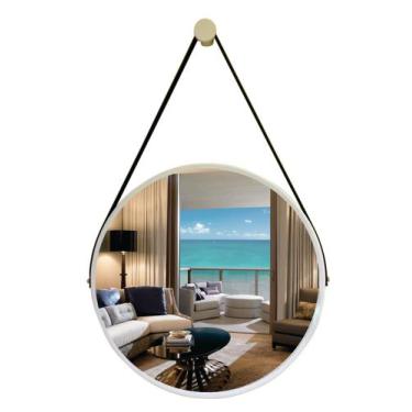 Imagem de Espelho Redondo Decorativo Suspenso Com Alça 50cm + Suporte - Branco /
