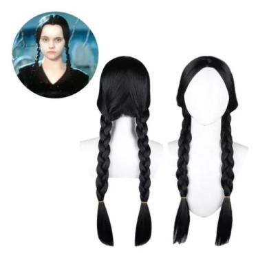 Imagem de Peruca Wandinha Para Festa Anime Cosplay Cabelo Sintético Preto Trança