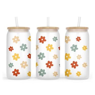 Imagem de Copo de vidro margarida - copo de flor - Copo de vidro estético margarida com tampa e canudo - Presentes de aniversário para amigas e meninas - Copos de vidro de flores fofos - Copo de vidro fosco de