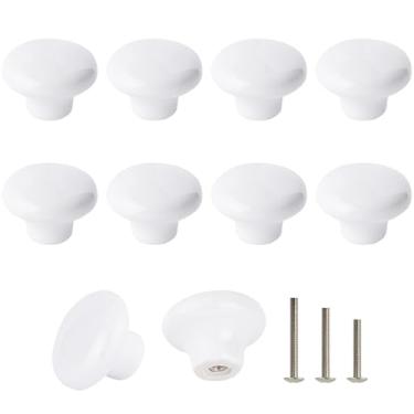 Imagem de OctinPris 10 maçanetas brancas para armário de gaveta redonda retrô de cerâmica para armário de cozinha cômoda puxadores de 32 mm/1,25 polegadas com parafusos de 3 tamanhos