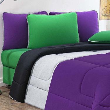 Imagem de Kit Edredom + Jogo De Lençol Malha 100% Algodão Urbano 4 Peças Solteiro - Roxo-mescla-preto