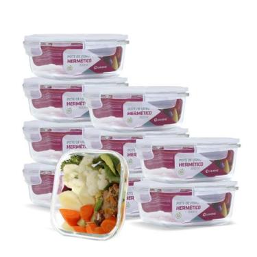 Imagem de Kit 10 Potes Vidro Hermético Trava Quadrado 800ml Marmita - U4home