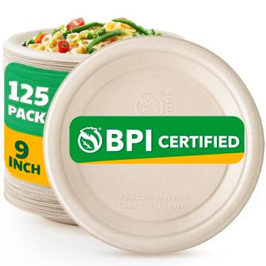 Imagem de Joyborn Pratos de papel 100% compostáveis, 23 cm, 125 unidades, placas de bagaço biodegradáveis, pratos descartáveis resistentes a granel para festa | Seguro para micro-ondas | Resistente a molhos,