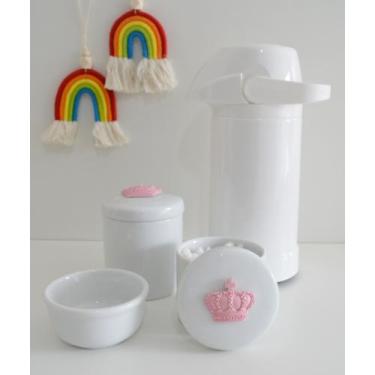 Imagem de kit Higiene Bebê Potes K022 Rosa Cotonete Algodão Limpeza Porcelana Mu