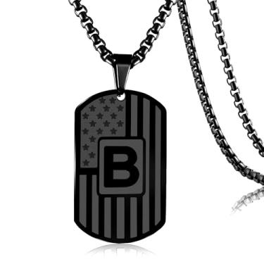 Imagem de HSWYFCJY Colar masculino com inicial com etiqueta de identificação de cão, letra A-Z, bandeira americana, pingente militar, corrente de 3 mm, 61 cm, joia de presente para meninos, Aço inoxidável, Sem