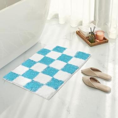 Imagem de Tititex Tapete de banheiro de luxo azul celeste branco quadriculado, 40,64 cm x 60,96 cm clássico tabuleiro de xadrez extra macio e absorvente, tapete de banho felpudo antiderrapante para chão de