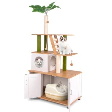 Imagem de PETSITE Árvore para gatos com caixa de areia, torre moderna de vários níveis para gatos com postes de arranhar de sisal, condomínio para gatos, escada, bolas penduradas, corda de sisal interativa e