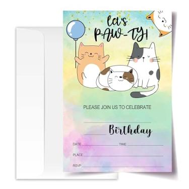 Imagem de ANYEMW Cartões de convite de aniversário de gato com envelopes pacote de 20 (10 x 15 cm), convites de festa para meninos, meninas, crianças, adolescentes, decoração e suprimentos de lembrancinhas de