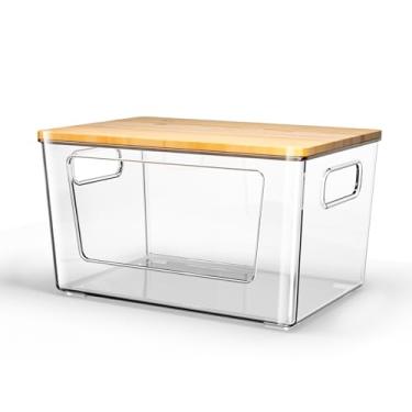 Imagem de Suporte de saco de lixo com tampa de bambu, dispensador de saco de lixo empilhável, suporte de saco de lixo extra grande para cozinha, lavanderia, organização e armazenamento sob a pia (1 pacote)