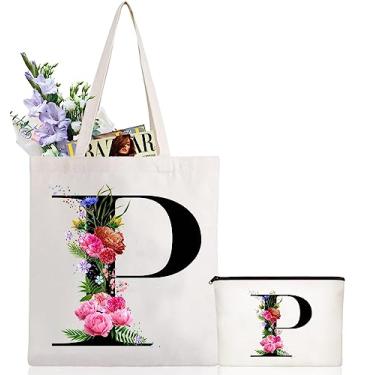 Imagem de Andeiltech Sacola de lona com inicial, estampa floral, bolsa de maquiagem personalizada com monograma, presente para damas de honra, aniversário e casamento, Letra Floral_p, Large