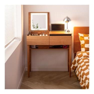 Imagem de LICONG-2019 Penteadeira de maquiagem com espelho flip-top com 3 cores, penteadeira com gavetas, mesa de maquiagem de madeira para mesa de quarto (natural)