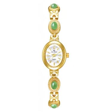 Imagem de FANMIS Relógios femininos dourados com pulseira pequena vintage elegante jade mostrador oval relógio de pulso moderno relógio de pulso de quartzo à prova d'água, Z, dourado, branco
