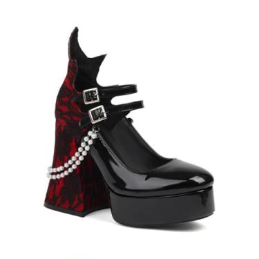 Imagem de UNWRBD 12 cm Tamanho Grande Pérola Mary Jane Plataforma Impermeável Sapatos Femininos Estilo Gótico Salto Grosso Renda Salto Alto, Preto, US5,5 EU36