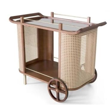 Imagem de Carrinho Chá Bar Dinda com Espelho Bronze Palha Portuguesa Nogueira Roda Vazada