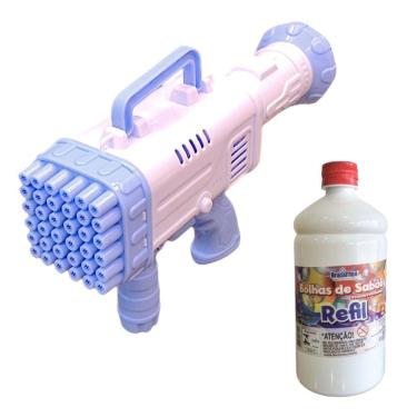 Imagem de Lançador de Bolhas Coloridas +3 Anos 36 Furos com Refil 1L Bolinhas de Sabão Brasilflex