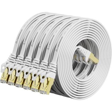 Imagem de Cabo Ethernet blindado Cat 7 (cabo de alta velocidade) Cat7 cabos de patch Ethernet plano - cabo de Internet para modem, roteador, LAN, computador - compatível com Cat 5e, rede Cat 6, 10ft 6Pack White