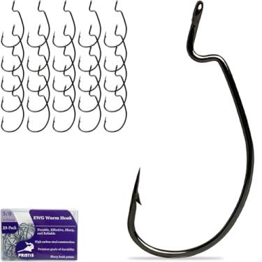Imagem de Pristis Pacote com 25 ganchos 5/0 EWG, anzóis de pesca em linha com bico de aço de alto carbono para água salgada e doce, conjunto de ganchos de pesca a granel, minhoca, anzóis de peixe farpado fortes