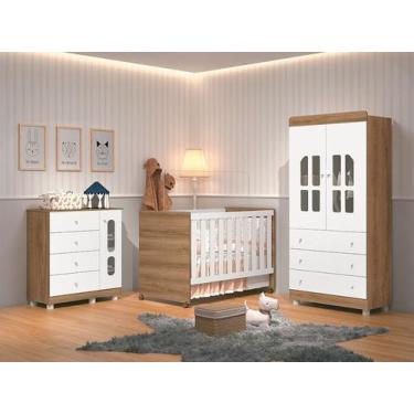 Imagem de Quarto de Bebê Completo com Guarda Roupa, Cômoda e Berço Katatau Branc