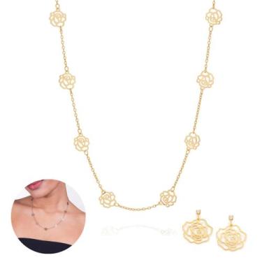 Imagem de Kit Colar + Brincos Femininos Rommanel Rosas Vazadas Banhado a Ouro 18