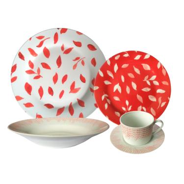 Imagem de Aparelho de Jantar 20 Peças Porcelana Leaves Vermelho e Branco - Casambiente Super Saldão.