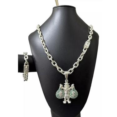 Imagem de Cordão 12Mm Cadeado + Pulseira Pingente Banhado A Prata 925