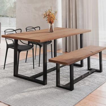 Imagem de Conjunto Mesa de Jantar Rústica e Banco de Madeira Maciça com 2 Cadeiras Allegra