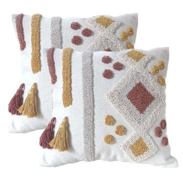 Imagem de Andreannie Pacote com 2 capas de almofada Boho Tufting bordadas texturizadas com borlas macias para decoração de casa para sofá 45,7 x 45,7 cm (Boho cinza amarelo)