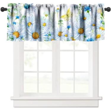 Imagem de Cortina de flores silvestres primavera para cozinha, campo aquarela azul margarida borboleta haste bolso blackout sanefas curtas para banheiro, cozinha, quarto, 137 x 45 cm