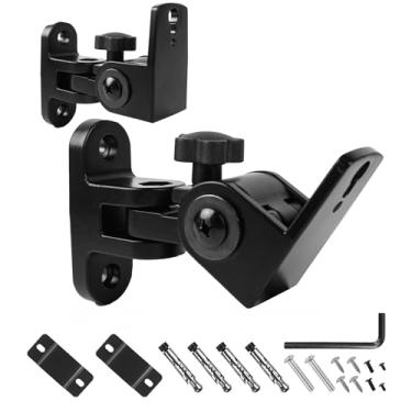 Imagem de Nbguigdstr Suportes universais de montagem de parede/teto, ajuste de 180°, 2 pacotes de suporte de parede de metal preto para alto-falantes pequenos, alto-falantes de estante, suporte de alto-falantes